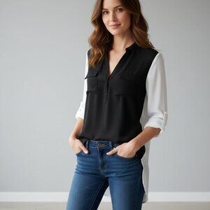 𝅺Aritzia Babaton Julien Blouse Top Henley Silk Front Rolled Sleeve Size XS